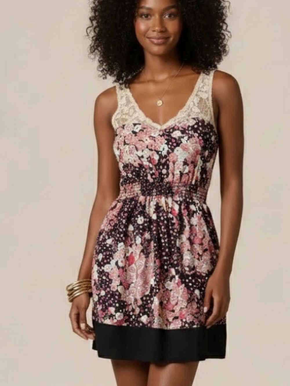 just ginger Pink Floral Lace-Trim Sleeveless Mini Dress Pockets Medium